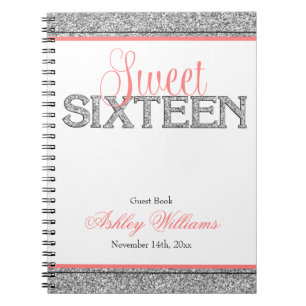 Glam Faux Glitter Silver Coral Sweet 16 Guest Book