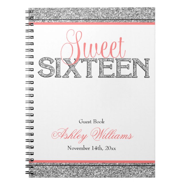 Glam Faux Glitter Silver Coral Sweet 16 Guest Book (Front)