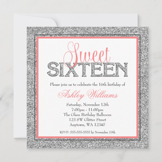Glam Faux Glitter Silver Coral Sweet 16 Invitation (Front)
