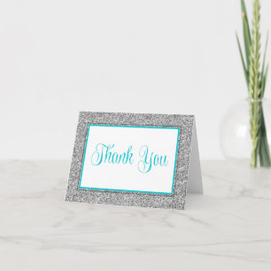 Glam Faux Glitter Silver Teal Blue Thank You