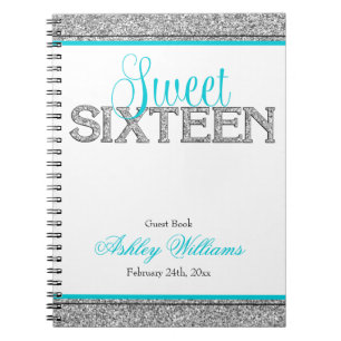 Glam Faux Glitter Silver Teal Sweet 16 Guest Book