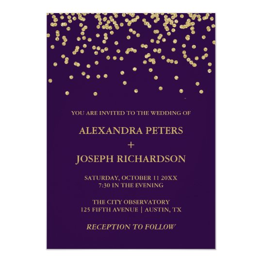Glam Faux Gold Confetti and Deep Purple Wedding Card