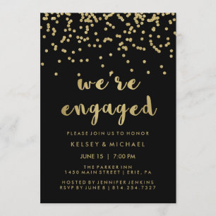 Glam Faux Gold Confetti on Black Engagement Party Invitation