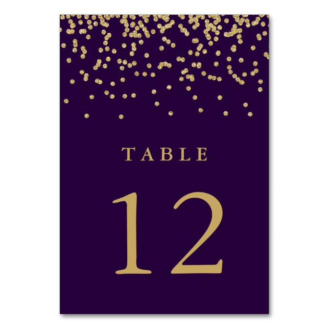 Glam Faux Gold Confetti on Deep Purple Table Number (Front)
