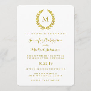 Glam Faux Gold Foil Laurel Wreath Monogram Wedding Invitation