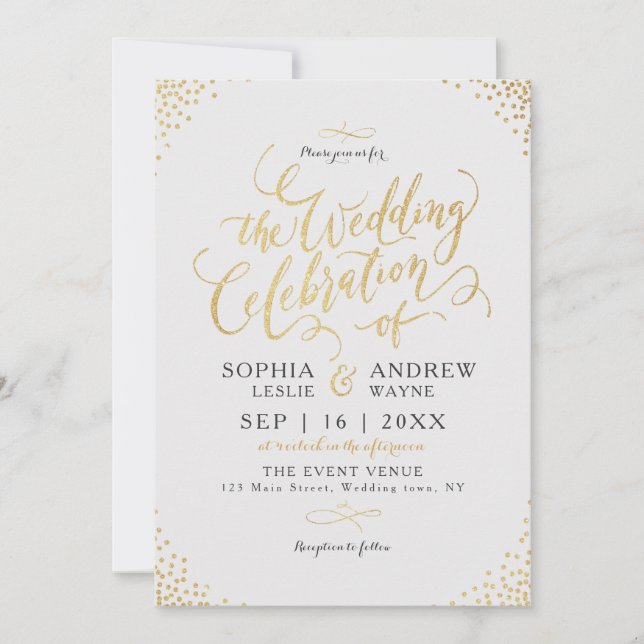 Glam faux gold glitter calligraphy vintage wedding invitation (Front)