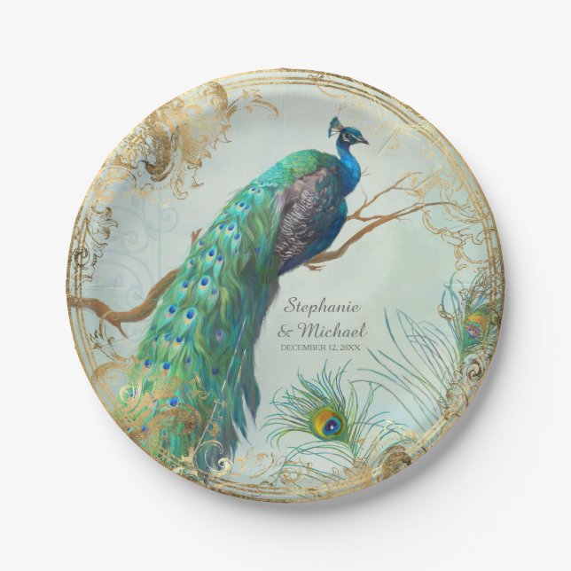 Glam Faux Gold Leaf Peacock on Tree Branch Elegant Paper Plate (Front)