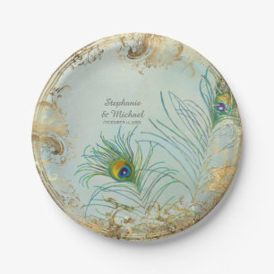 Glam Faux Gold Leaf Peacock on Tree Branch Elegant Paper Plate
