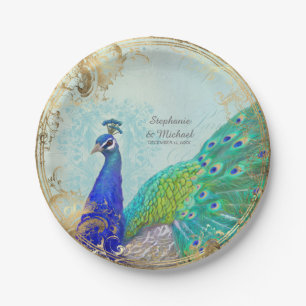 Glam Faux Gold Leaf Peacock Tail Feathers Scroll Paper Plate