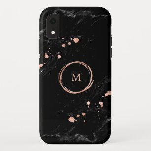 Glam Faux Gold Look on Black Marble Monogram iPhone XR Case