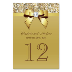 Glam Faux Gold Sequins Bow Wedding Table Number