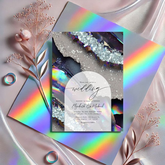 Glam Faux Holographic Agate Geode Wedding QR Code Invitation (Glam Faux Holographic Agate Geode Wedding QR Code Invitation)