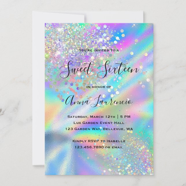 Glam Faux Holographic Glitter Sweet 16 Birthday Invitation (Front)