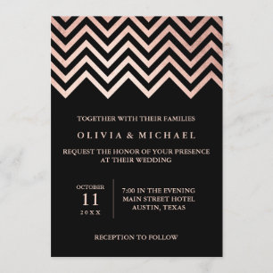 Glam Faux Rose Gold Chevron and Black Wedding Invitation