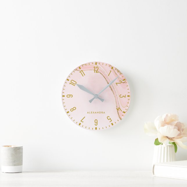 Glam Faux Rose Gold Look Marble Round Horloge (Maison)