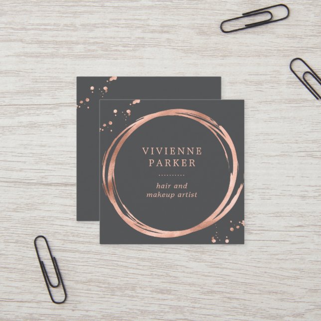 Glam Faux Rose Gold Look on Charcoal Grey Square Business Card (Front/Back In Situ)