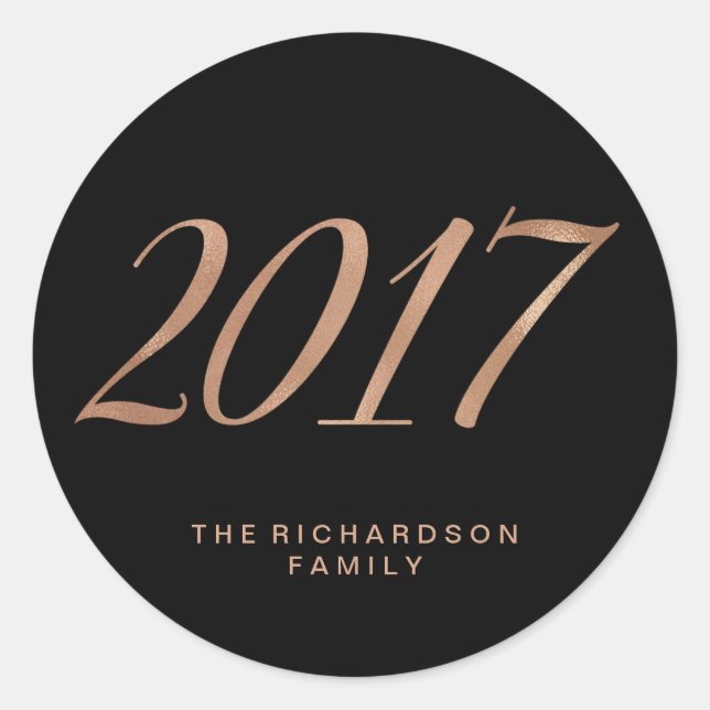 Glam Faux Rose Gold on Black 2017 Classic Round Sticker (Front)