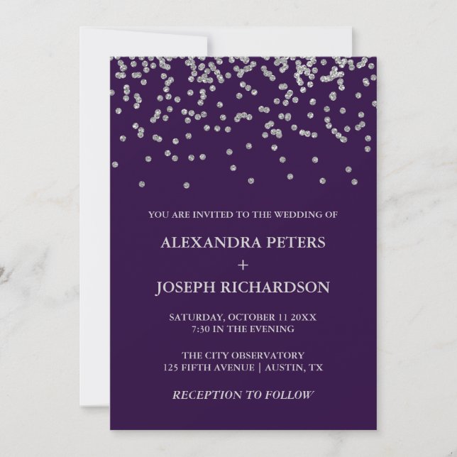 Glam Faux Silver Confetti and Deep Purple Wedding Invitation (Front)