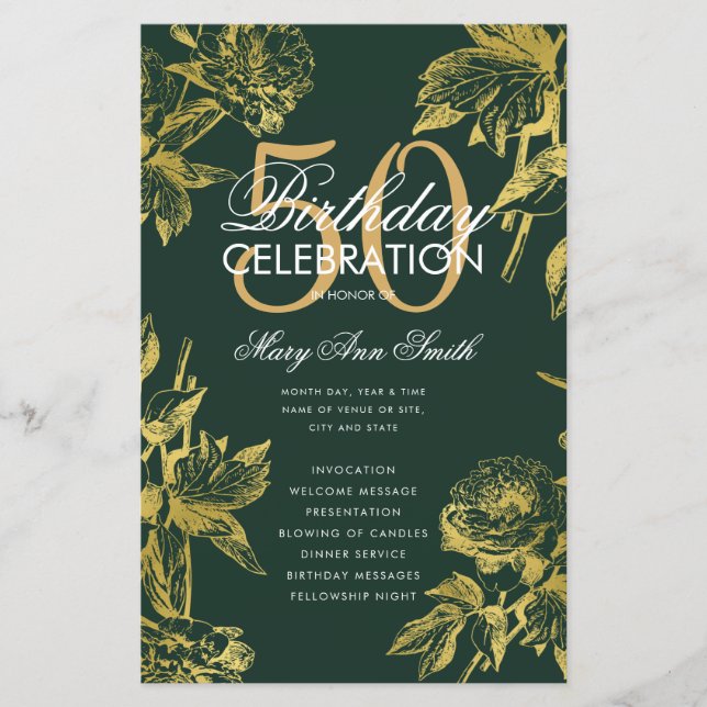Glam Floral 50th Birthday Program Gold Green Menu (Front)
