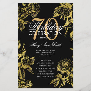 Glam Floral 70th Birthday Program Gold Black Menu