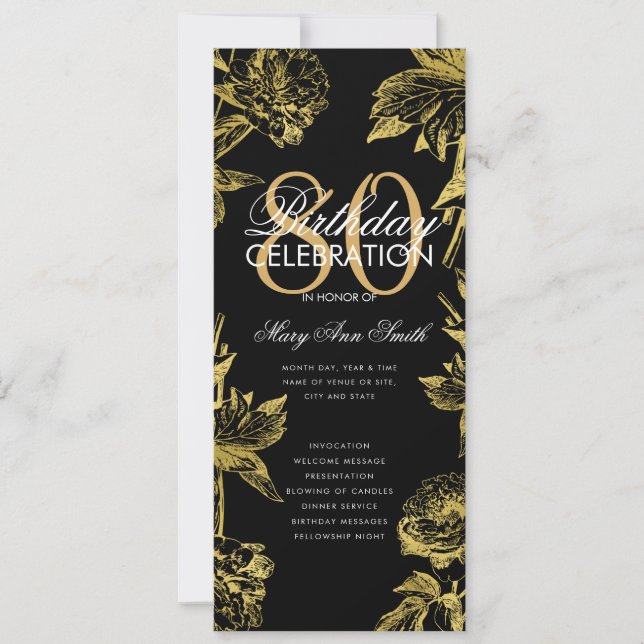 Glam Floral 80th Birthday Program Gold Black Menu (Front)