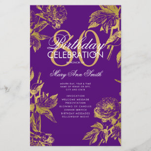 Glam Floral 80th Birthday Program Gold Purple Menu