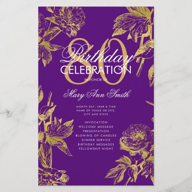 Glam Floral 80th Birthday Program Gold Purple Menu (Front)
