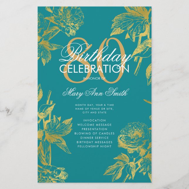 Glam Floral 80th Birthday Program Gold Teal Menu (Front)