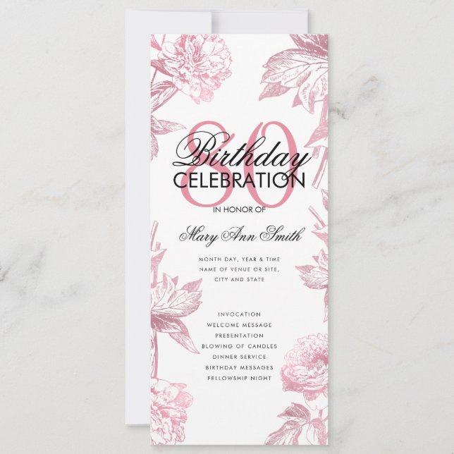 Glam Floral 80th Birthday Program Rose Gold Menu (Front)