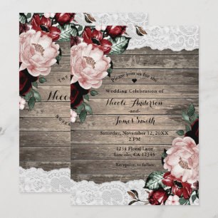 Glam Floral Rustic Wood Lace Barn Country Wedding Invitation