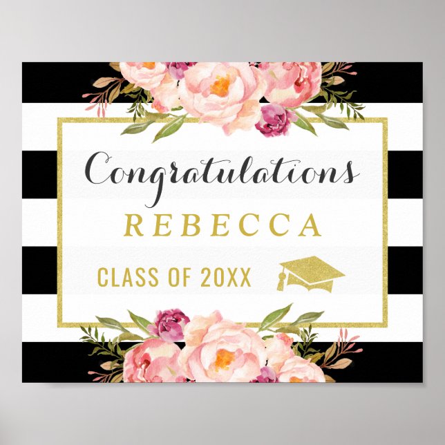 Glam Floral Stripes Congrats Grad Graduation Sign (Front)