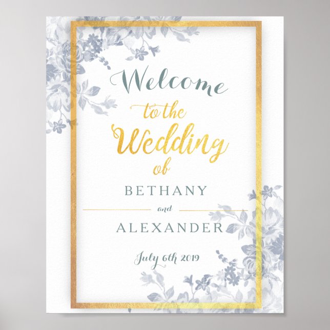 Glam Flowers Gold Frame Mariage Affiche de bienven (Devant)