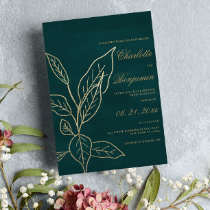 Glam forest green gold glitter floral leaf wedding invitation