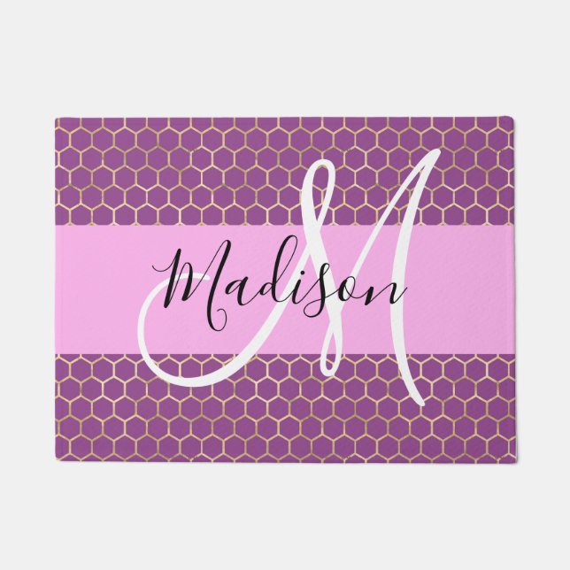 Glam Fuchsia Metallic Pink Honeycomb Monogram Name Doormat (Front)