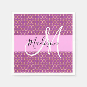 Glam Fuchsia Metallic Pink Honeycomb Monogram Name Napkin