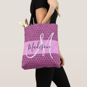 Glam Fuchsia Metallic Pink Honeycomb Monogram Name Tote Bag