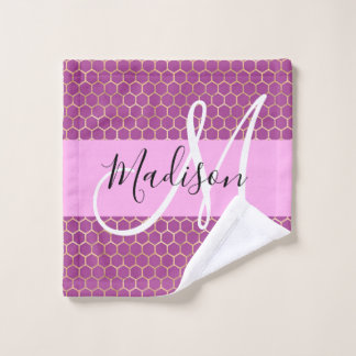 Glam Fuchsia Metallic Pink Honeycomb Monogram Name Wash Cloth