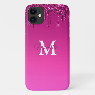 Glam & Fuchsia Ombre Glitter Personalized Monogram iPhone 11 Case