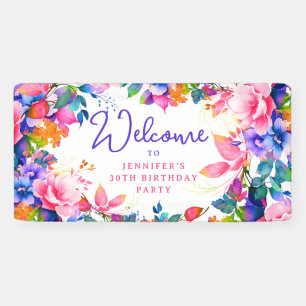 Glam Garden Watercolor Floral 30th Birthday Party Banner
