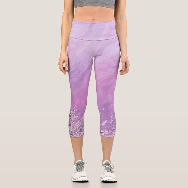 Glam Geode Agate Abstract Marble Amethyst Plum Capri Leggings (Front)