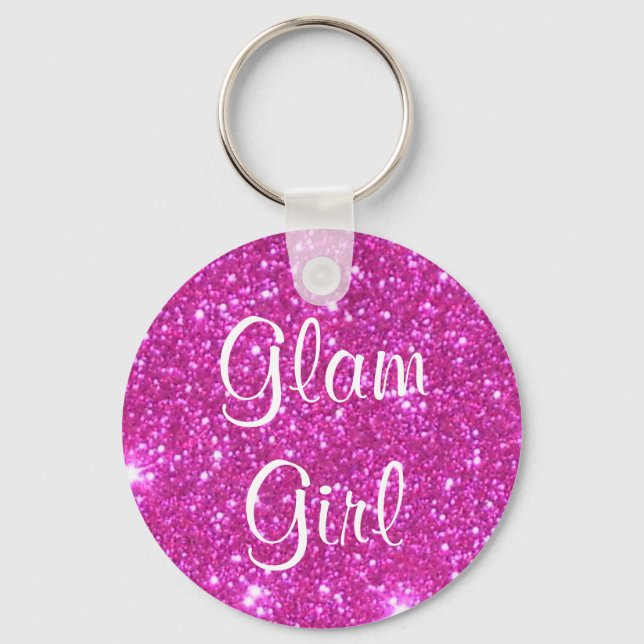 Glam Girl Pink Sparkle Sparkly Glitter Girly Gifts Keychain (Front)