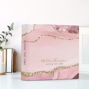 Glam Girly Blush Pink Agate Geode Gold Script Binder
