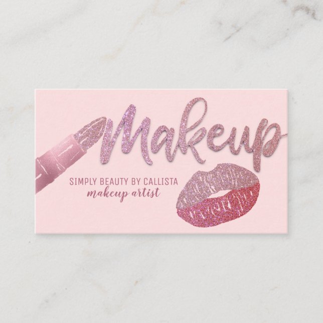 Glam Girly Blush Pink Glitter Foil Lips Makeup Business Card (Front)