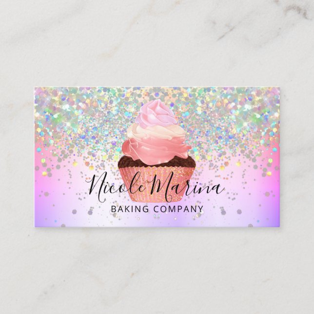 Glam Girly Cupcake Bakery Faux Holographic Glitter Business Card (Front)