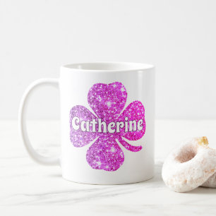 Glam Girly Hot Pink Glitter Lucky Clover Name  Coffee Mug