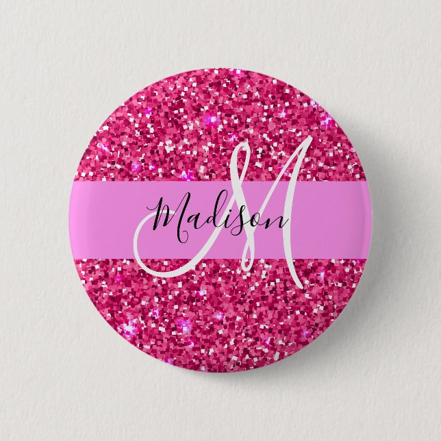 Glam Girly Hot Pink Glitter Sparkles Name Monogram 2 Inch Round Button (Front)