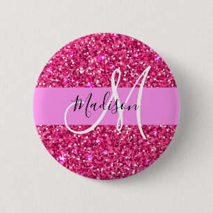 Glam Girly Hot Pink Glitter Sparkles Name Monogram 2 Inch Round Button