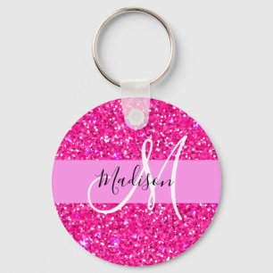 Glam Girly Hot Pink Glitter Sparkles Name Monogram Keychain