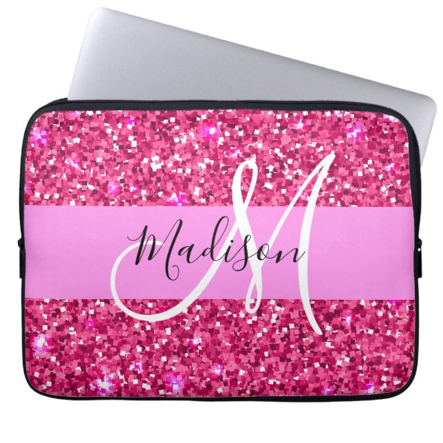 Glam Girly Hot Pink Glitter Sparkles Name Monogram Laptop Sleeve (Front)