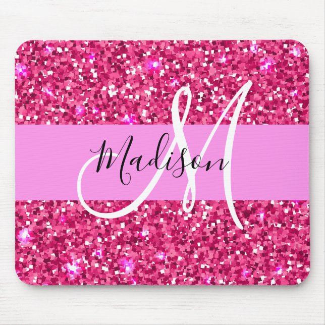 Glam Girly Hot Pink Glitter Sparkles Name Monogram Mouse Pad (Front)